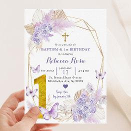 Small Boho Purple Butterfly Baptism And 1st Birthday Invitation Front View
