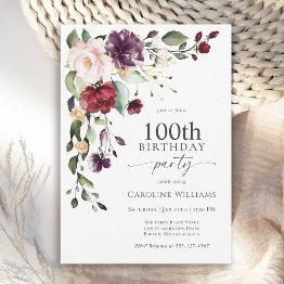 Small Boho Red And Purple Floral 100th Birthday Party Invitation Front View
