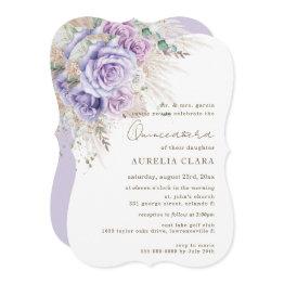 Small Boho Rustic Pampas Purple Lilac Floral Quinceañera Invitation Front View