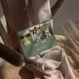 Small Boho Sage Green Modern Three Photos Wedding Save The Date Front View