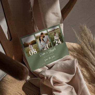 boho sage green modern three photos wedding save the date
