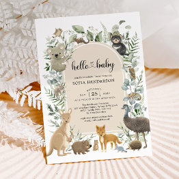 Small Boho Sage Greenery Australian Animals Baby Shower Invitation Front View
