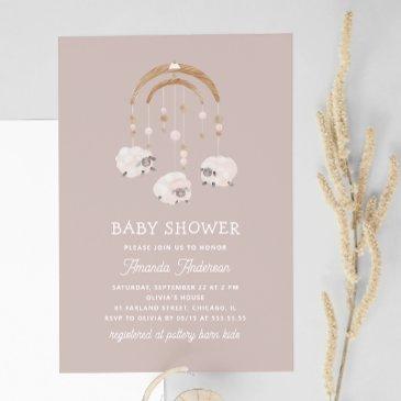 boho sheep mobile | light mauve soft baby shower invitation