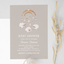 Small Boho Sheep Mobile | Warm Gray Neutral Baby Shower Invitation Front View