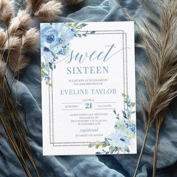 boho silver geometric blue floral sweet sixteen invitation