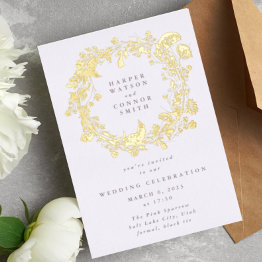 Small Boho Spring Wreath Wildflower Pampas Pressed Gold Foil Invitation Front View
