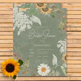 Small Boho Summer Sunflower & Daisy Green Bridal Shower Invitation Front View