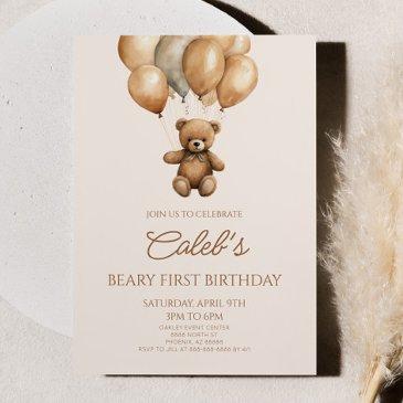 boho teddy bear beary first 1st birthday party invitation