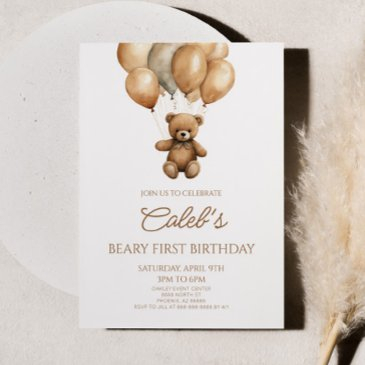 boho teddy bear beary first 1st birthday party invitation