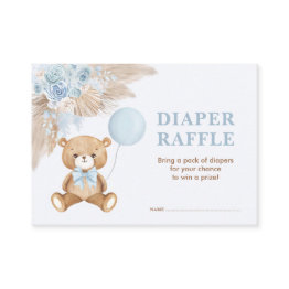 Small Boho Teddy Bear Blue Balloon Diaper Raffle Enclosure Invitations Front View