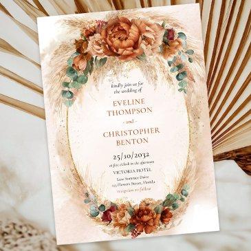 boho terracotta and burgundy flowers pampas grass invitation