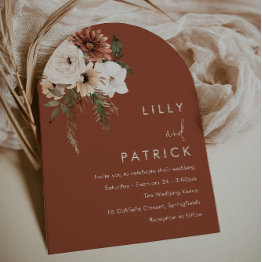 Small Boho Terracotta Floral All Seasons Arch Wedding Invitation Front View