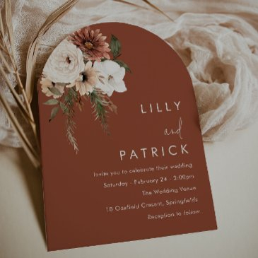 boho terracotta floral all seasons arch wedding invitation