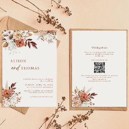 Small Boho Terracotta Qr Code 2 In 1 Wedding Invitation Front View