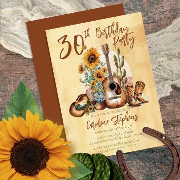 boho western guitar sunflowers 30th birthday party invitation