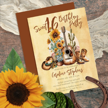 boho western guitar sunflowers sweet 16 party invitation