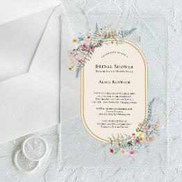 Small Boho Wildflower Fern Beige Bridal Shower Acrylic Invitations Front View