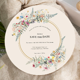 Small Boho Wildflower Fern Beige Wedding Round Save The Date Front View