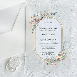 Small Boho Wildflower Fern Dusty Blue Lingerie Shower Acrylic Invitations Front View