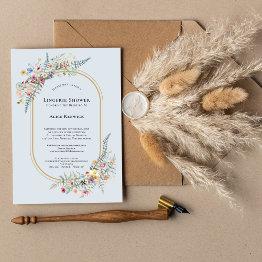 Small Boho Wildflower Fern Dusty Blue Lingerie Shower Invitation Front View