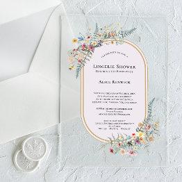 Small Boho Wildflower Fern Lavender Lingerie Shower Acrylic Invitations Front View