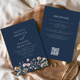 Small Boho Wildflower Navy Blue Qr Code Wedding Invitation Front View