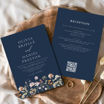 boho wildflower navy blue qr code wedding invitation