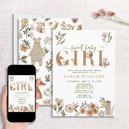 Small Boho Woodland Animals Sweet Baby Girl Shower Invitation Front View