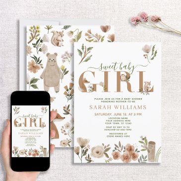 boho woodland animals sweet baby girl shower invitation