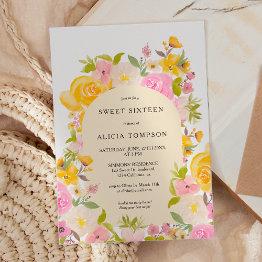 Small Boho Yellow Pink Floral Arch Chic Sweet 16 Invitation Front View