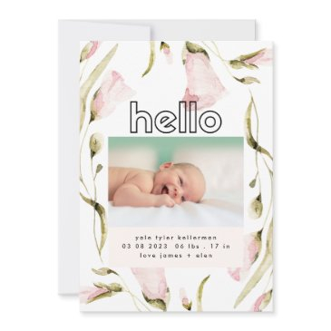 bold boho wildflower pink girl hello baby birth announcement