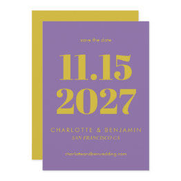 Small Bold Bright Purple And Yellow Typography Modern Save The Date Front View