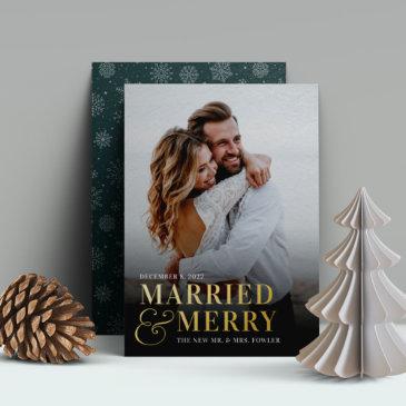 bold married & merry wedding photo newlywed foil holiday invitations