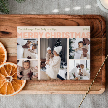 bold modern coral merry christmas five photo holiday invitations