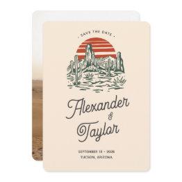 Small Bold Retro Vibes Saguaro Landscape Desert Wedding Save The Date Front View