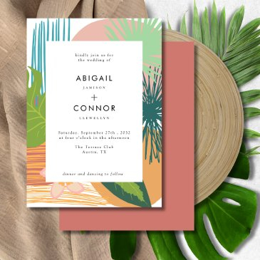 bold tropical abstract coral teal wedding invitation