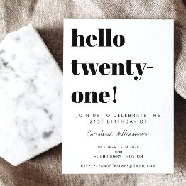 Small Bold Typography White Trendy Modern 21st Birthday Invitation Front View