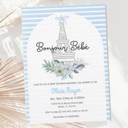 Small Bonjour Bebe French Paris Blue Boy Baby Shower Invitation Front View