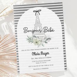 Small Bonjour Bebe French Paris Elegant Baby Shower Invitation Front View
