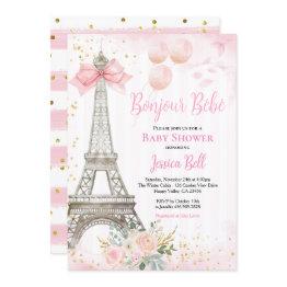 Small Bonjour Bebe Paris Girl Baby Shower Pink Eiffel Invitation Front View