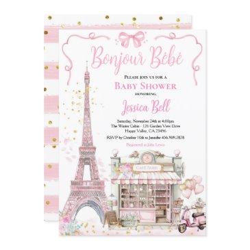 bonjour bebe paris girl baby shower pink eiffel invitation