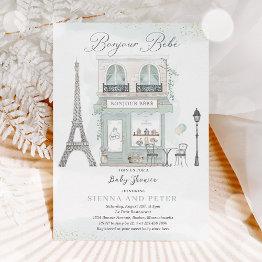 Small Bonjour Bébé Paris Parisian French Baby Shower Invitation Front View