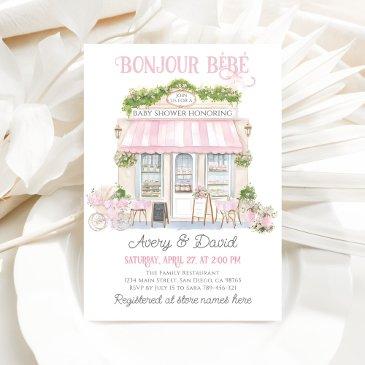 bonjour bebe pink parisian cafe baby girl shower invitation