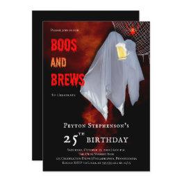 Small Boos And Brews Ghost Halloween 25th Birthday Party Invitation Front View