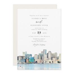 Small Boston Massachusetts Watercolor Skyline Wedding Invitation Front View