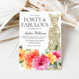 Small Botanical Floral Gold Dress 40th Birthday Party Invitation Front View