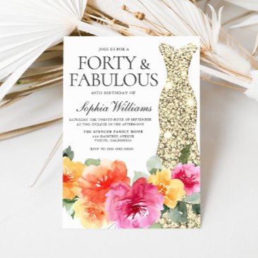 botanical floral gold dress 40th birthday party invitation