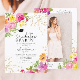 Small Botanical Floral Gold Glitter Photo Graduation Invitation Front View