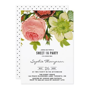 botanical flowers vintage sweet sixteen party invitation