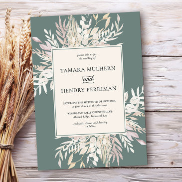 botanical foliage sage green wedding invitation